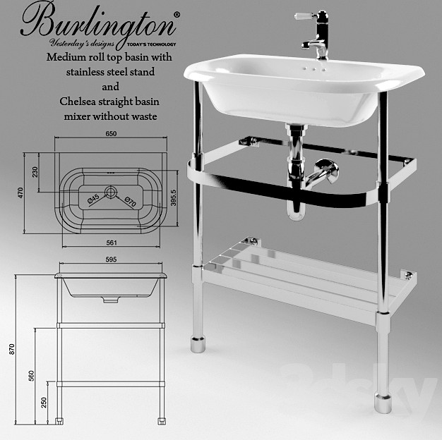 Burlington Medium roll top basin with stainless steel stand