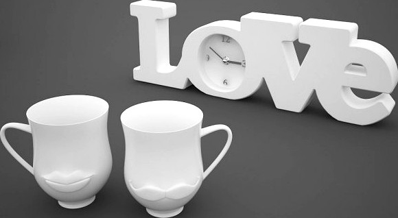 Download free Clock LOVE and cups mustache lips 3D Model