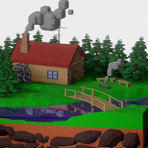 low poly isometric forrest hut
