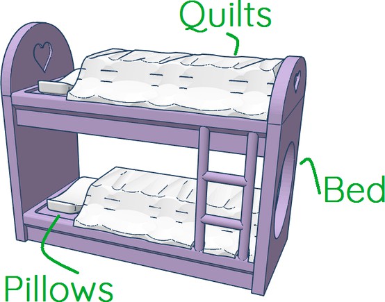 Doll Bunk Bed with TPU quilts and Puillow fit Polly Pocket etc