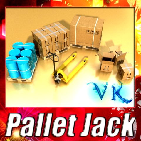 Pallet Jack with Cartons  Metal Drums 3D Model