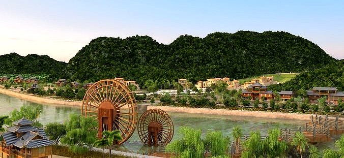 waterwheel scenic spot Tourist Resort river scene