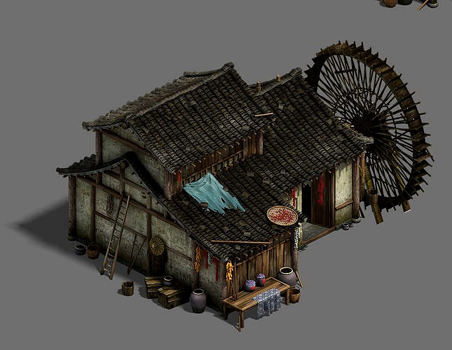 inary town - medium - sized houses - waterwheels