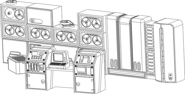 28mm postapocalyptic/sci-fi/retro building details: computer room set 3