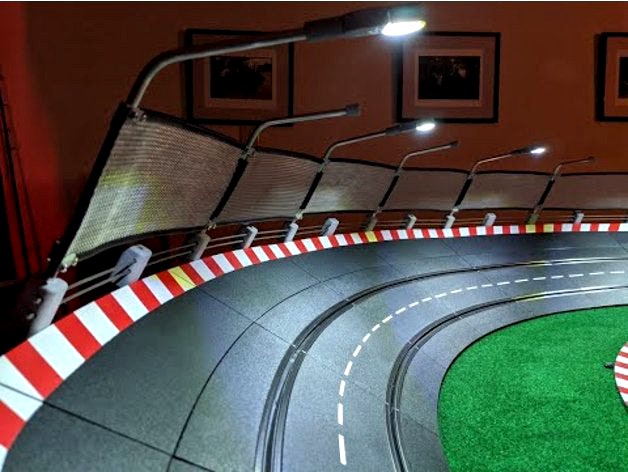 Track Lighting, Guard Rail, and Catch Fence for Carrera Slot Car Track by GarageMakerGuy