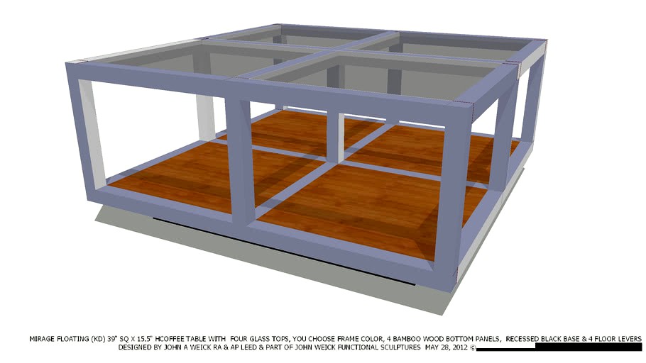 TABLE COFFEE 39SQ 4 GL TOP, YOU CHOOSE FRAME COLOR BAMBO JOHN A WEICK RA