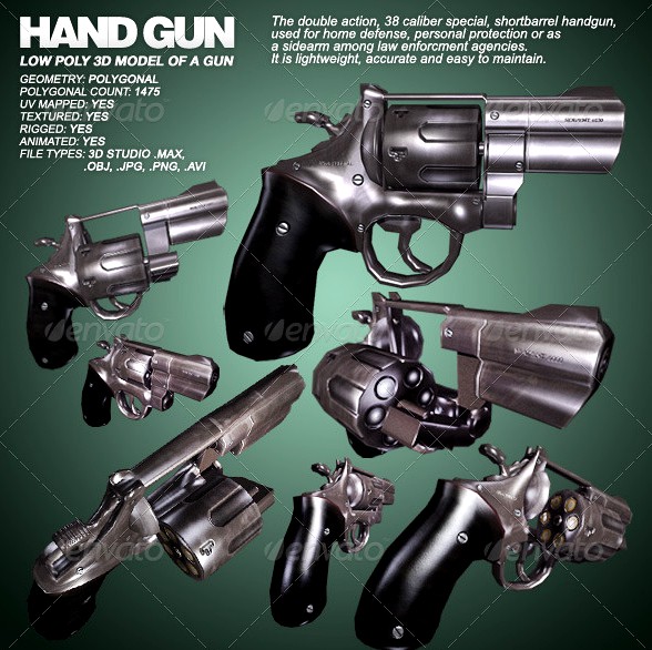 Hand Gun - lowpoly 3D model of a gun - 3ds max