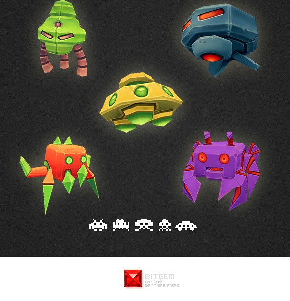 Low Poly Space Invader Set