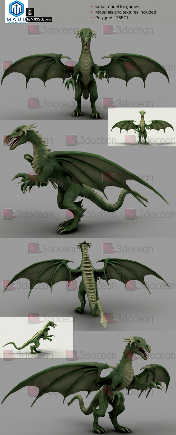 High Poly Green Dragon - 75801 polygons