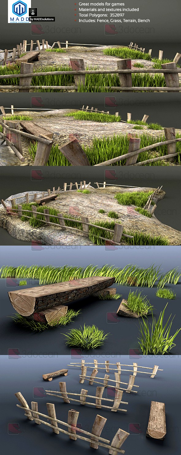 Old Wood Fence and Grass Pack + Bench and Terrain
