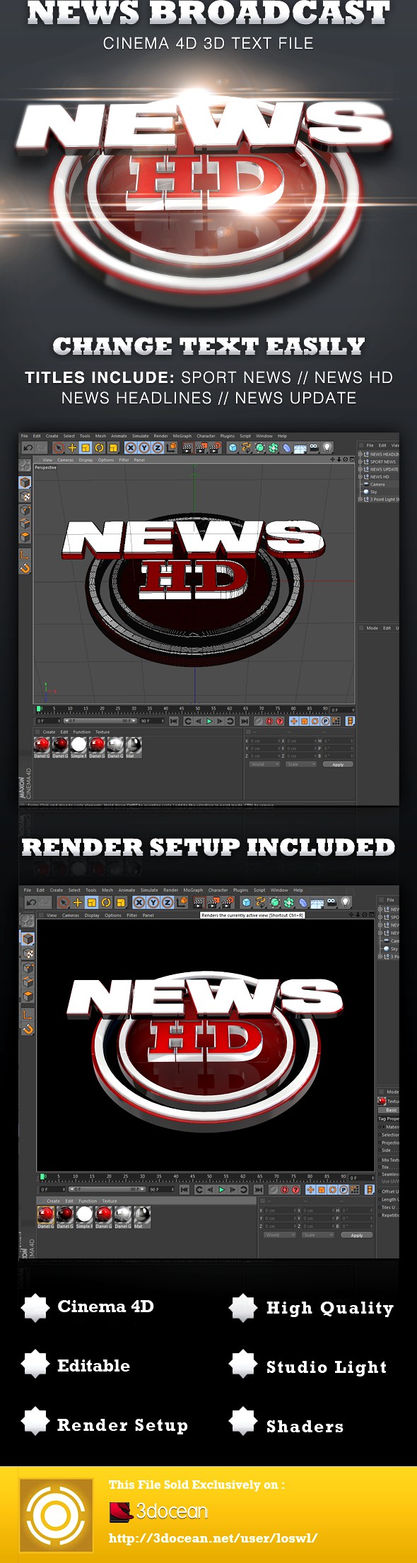 News Broadcast Cinema 4D 3D Text Files