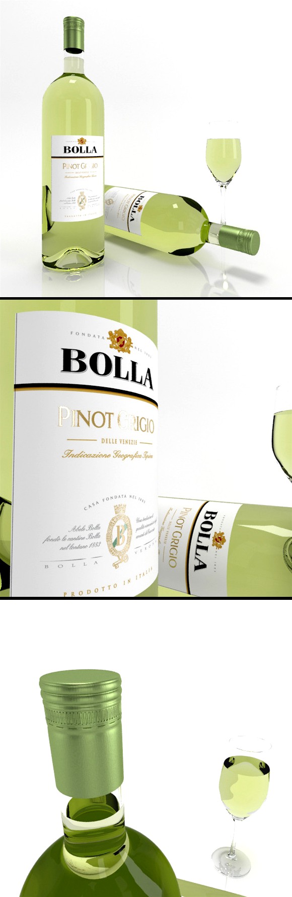 Pinot Grigio wine bottles &amp; full glass: Bolla