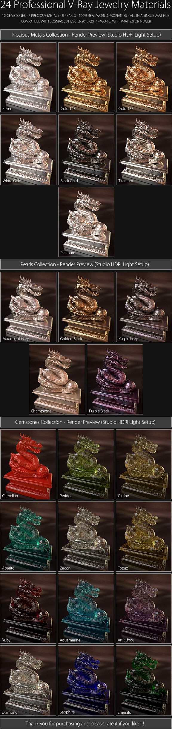 24 Professional V-Ray Jewelry Materials