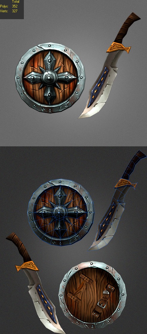 Low poly painted shield and Weapon