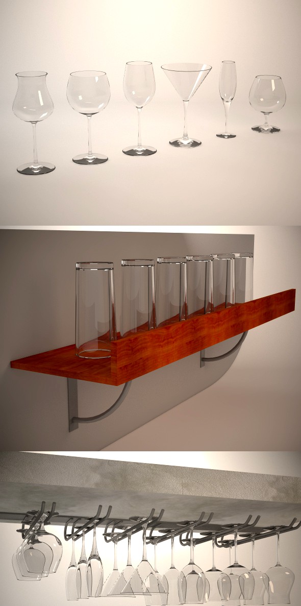 Glasses, shelf and glass holder