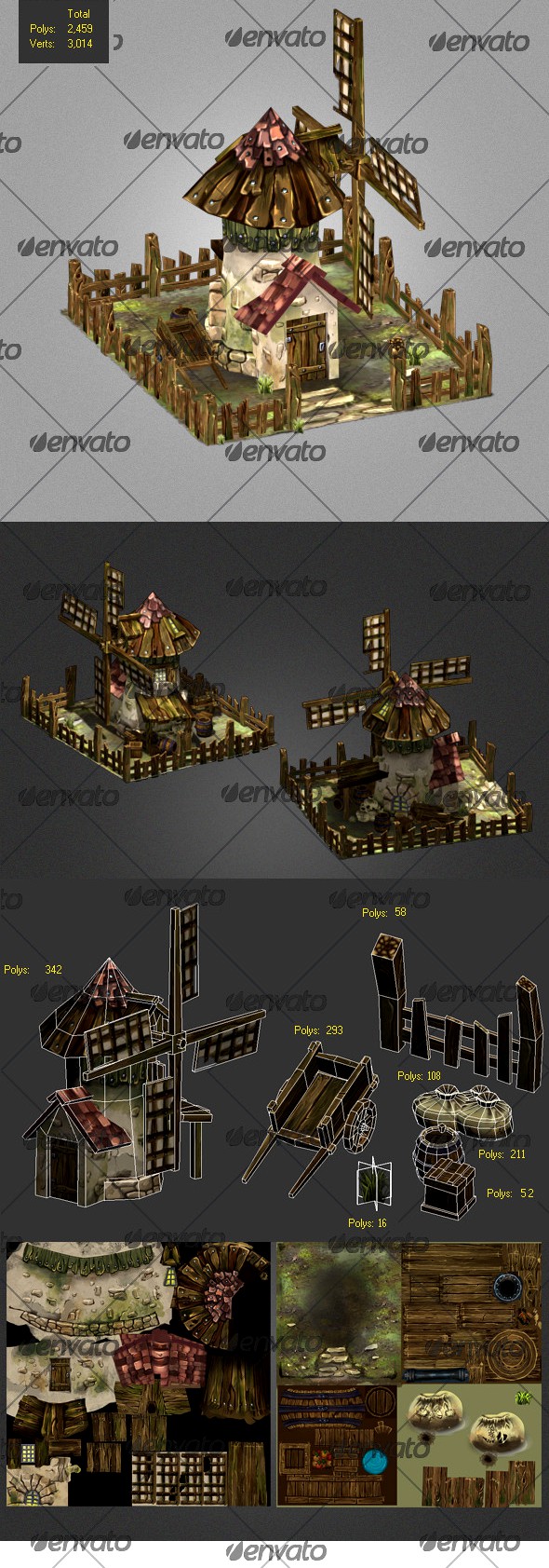 Low poly Windmills, old carriage,wood box
