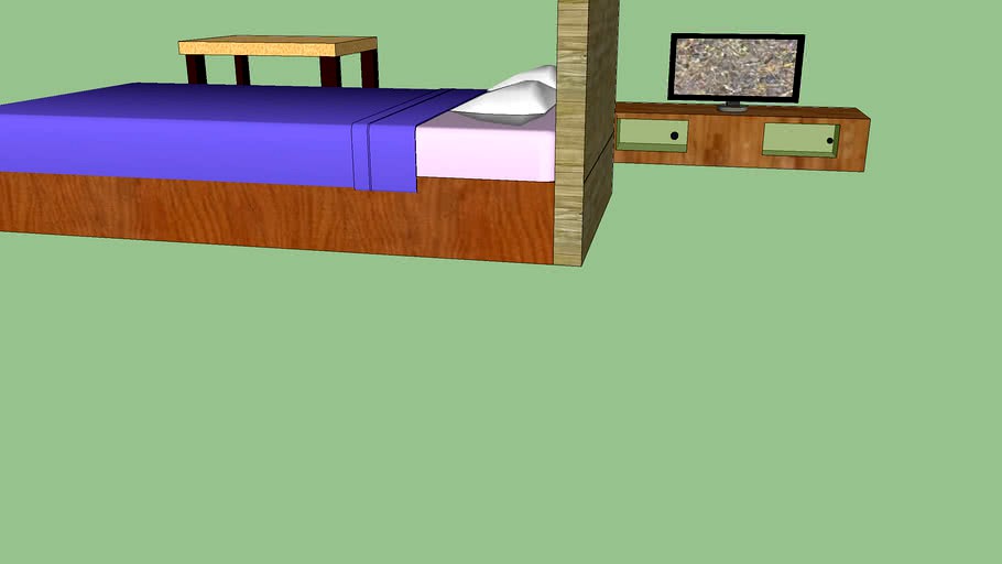 Bed, Tv plus small cabinet, and simple table