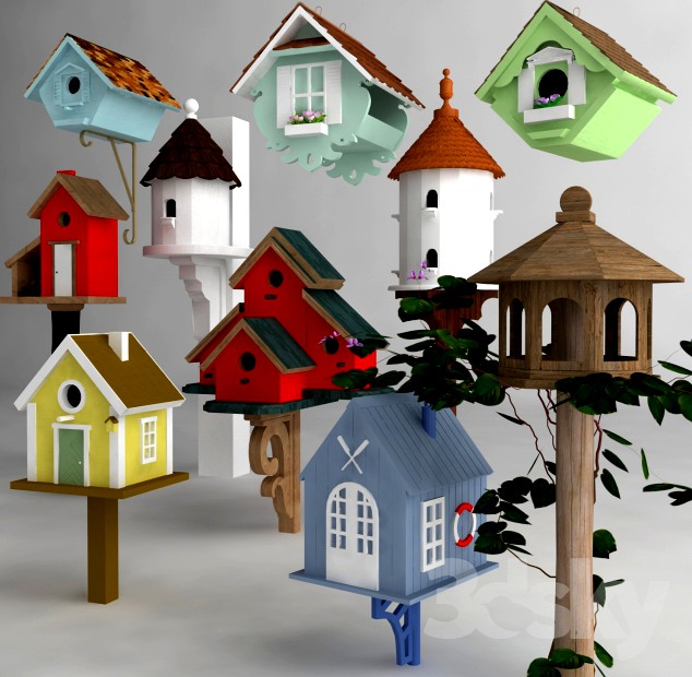 Set of wooden birdhouses and feeders