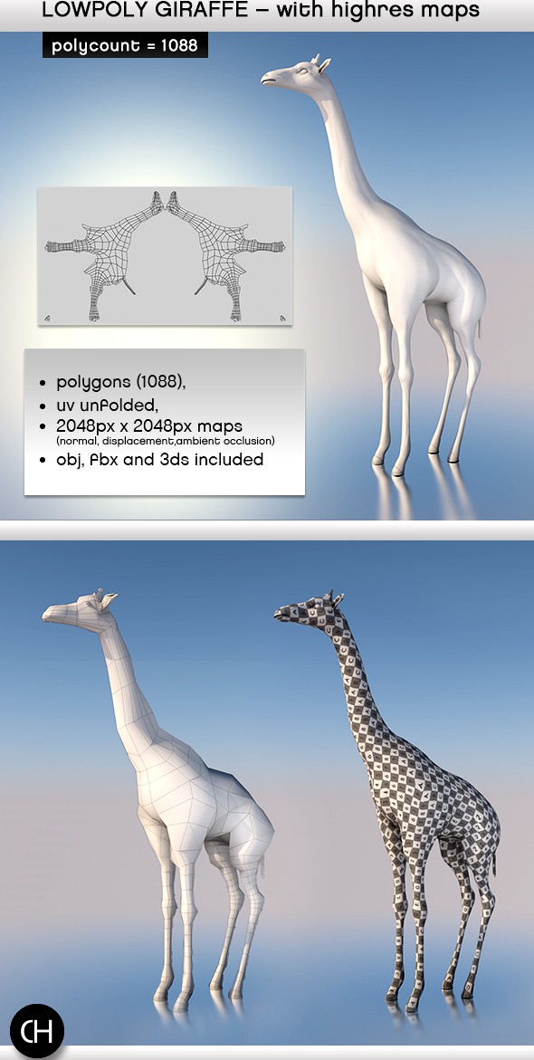 Realistic Lowpoly Giraffe with Highres Maps