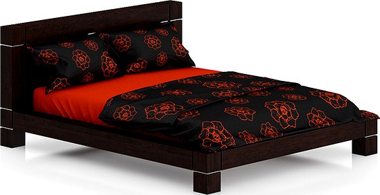 Wooden Bed with Black-Orange Bedclothes
