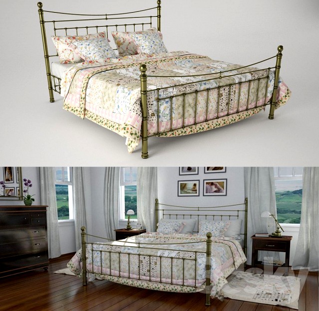Metal bed and bed linens patchwork