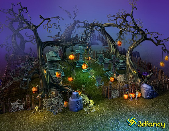 Low Poly Cemetery Halloween Set