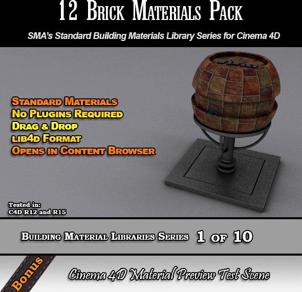 12 Standard Brick Materials Pack for Cinema 4D