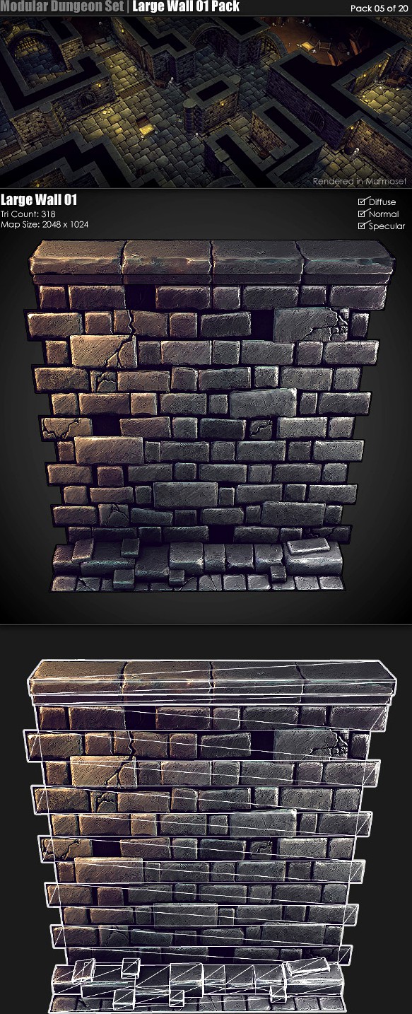 Modular Dungeon Set| Large Wall 01 Pack (05 of 20)