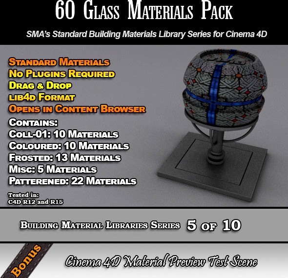 60 Standard Glass Materials Pack for Cinema 4D