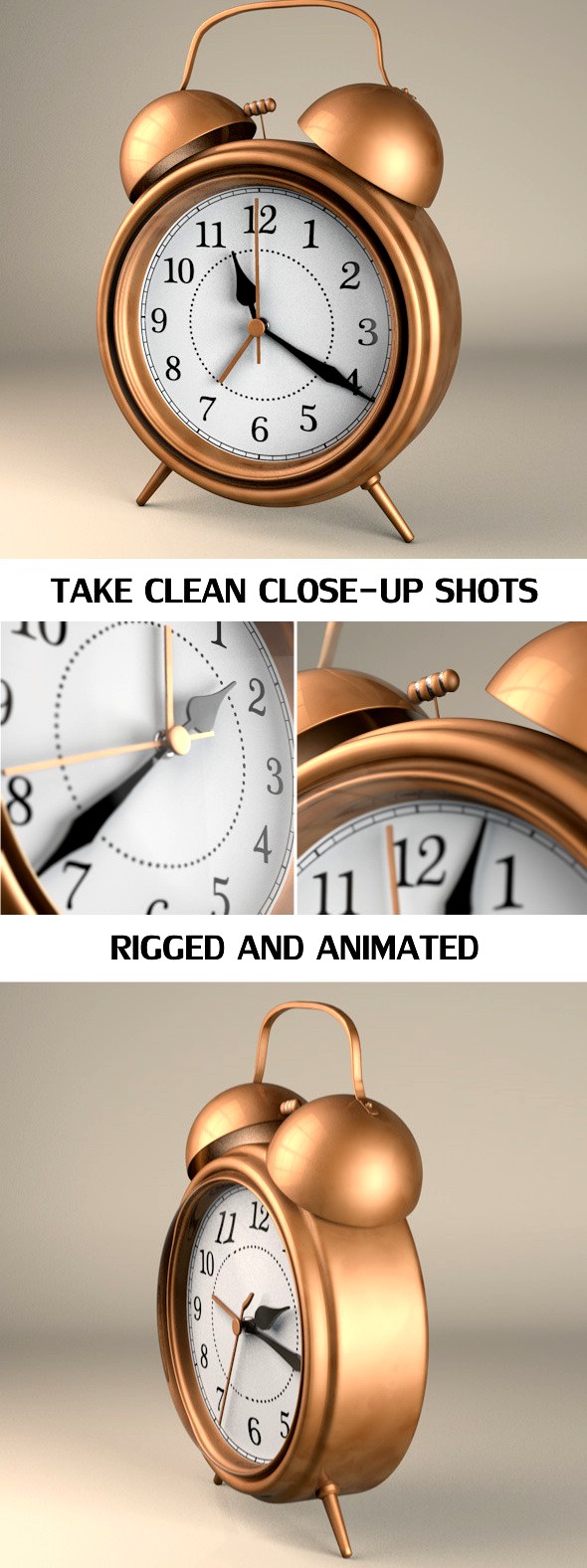 Rigged and Animated Vintage Alarm Clock