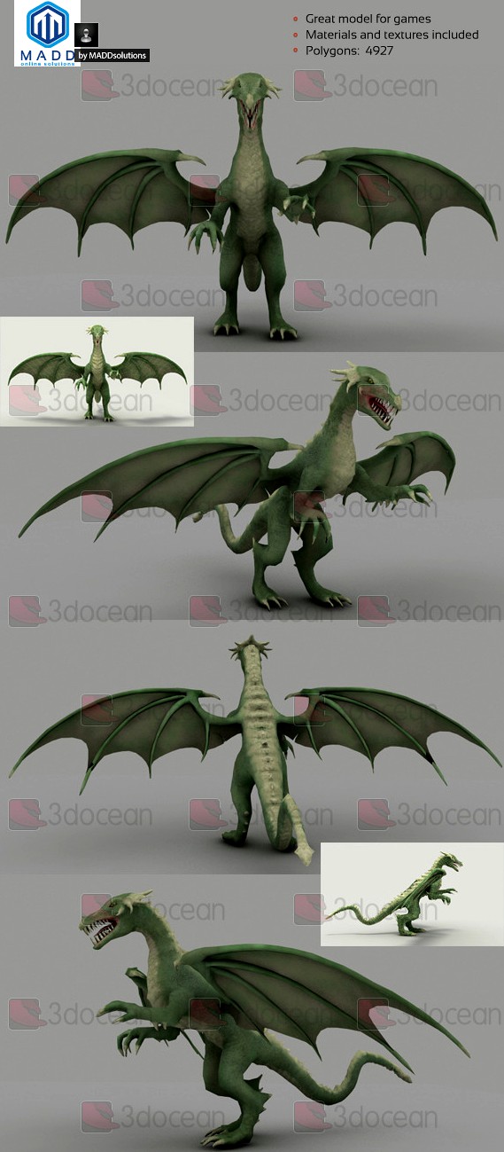 Low Poly Green Dragon - 4927 polygons