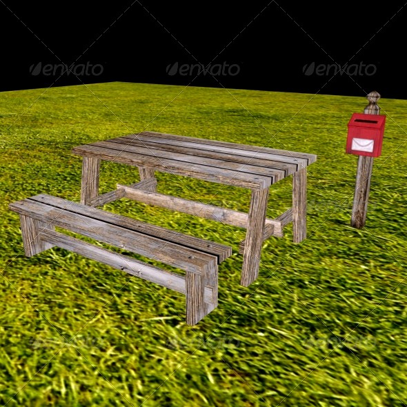 Low Poly Table, Bench and Mailbox