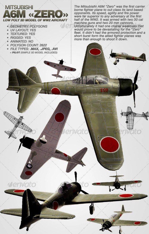 Mitsubisihi A6M ZERO rigged 3Ds aircraft