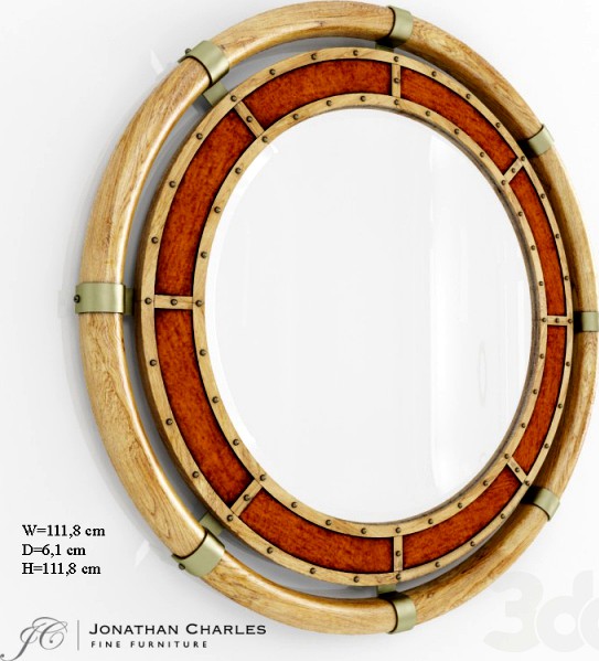 Circular nautical style oak and leather mirror