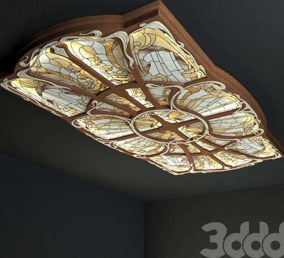 Потолок витражный в  деревянной раме с кованным декором.