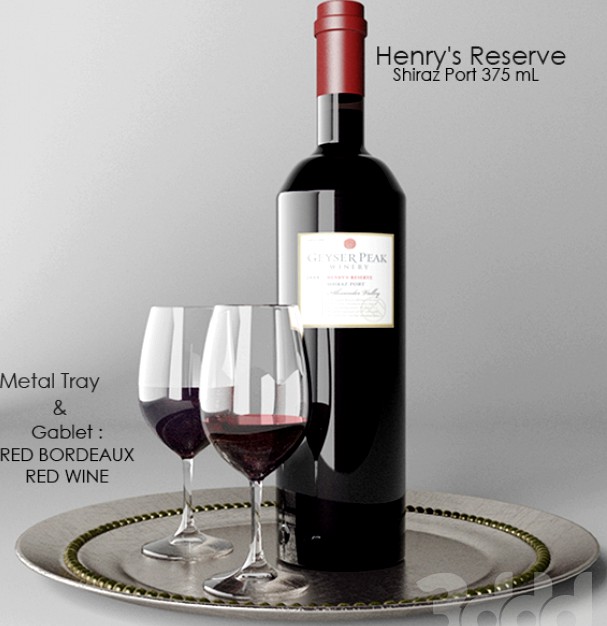 Вино  Geyser Peak , два бокала RED BORDEAUX , RED WINE и металлический поднос