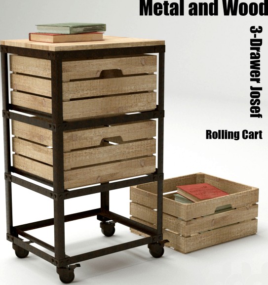 Metal and Wood 3-Drawer Josef Rolling Cart