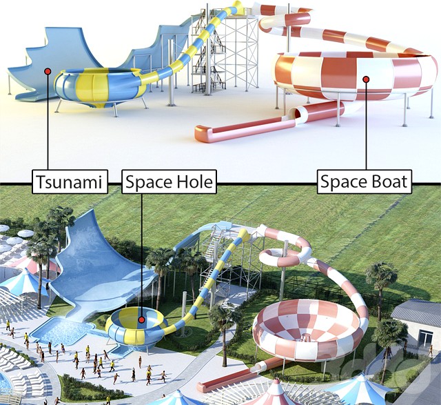 Водные горки: Tsunami, Space Hole, Space Boat.