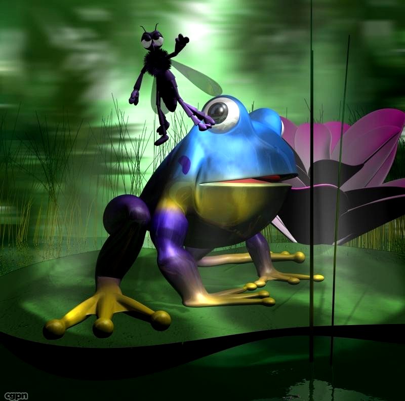 Frogs and Mosquito in a complete cartoon scene3d model