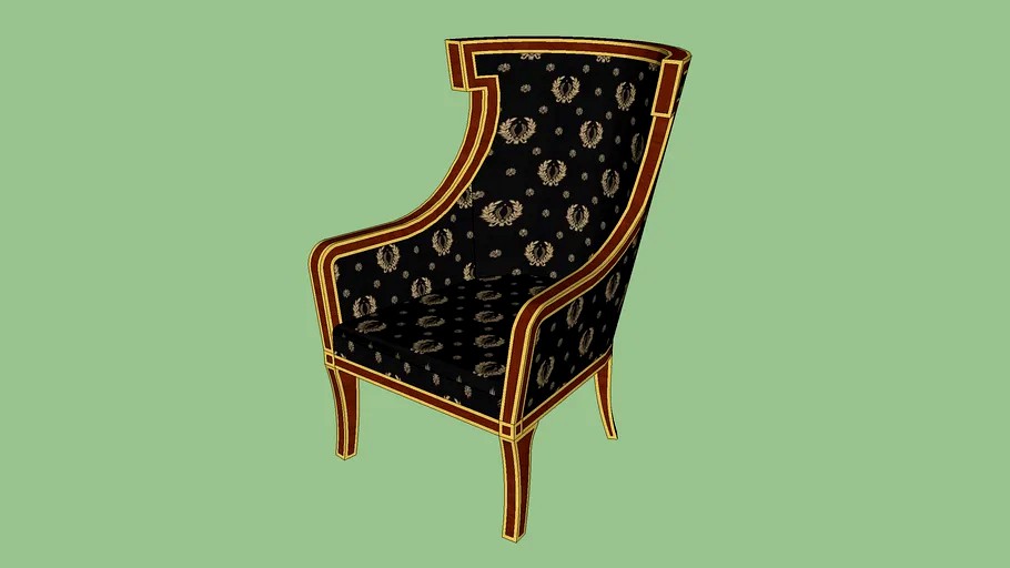 Armchair Chair Bergere Empire Regency Neoclassical Mahogany Black Upholstery Gold Wreaths