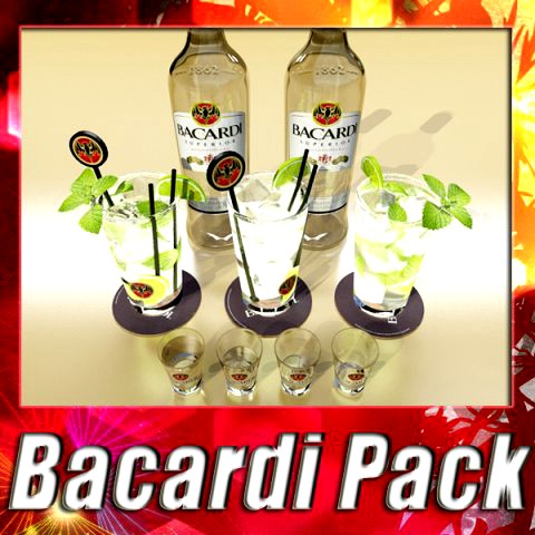 High Detailed Bacardi Bottle Mojito and Rum Shot 3D Model