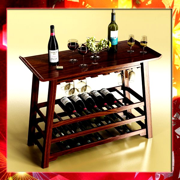 Wine Table Rack 2 and 2 Wine Bottles with Cork and Labels, 2 Wine Cups and Grapes Bowl.3d model