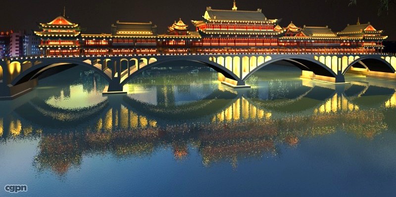 China ancient birdgr 1 YaAn Wind and Rain porch Bridge night scene3d model