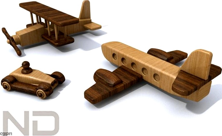 automobile , biplane , passenger plane wooden toy3d model