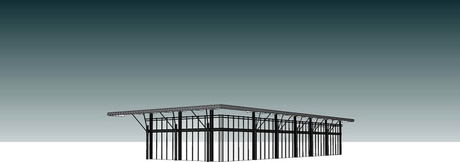 L-shape canopy with structural glass storefront.