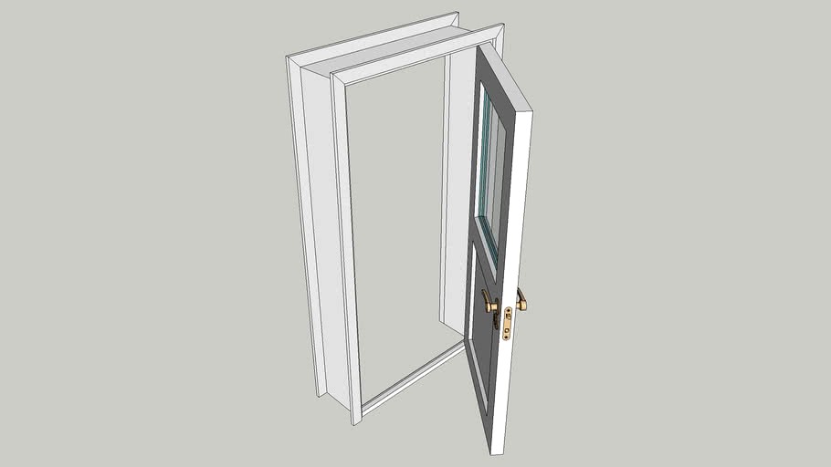 3D Detailed Panel Door With Top Window, Handle, Keyhole and Hinges (Door can be moved)
