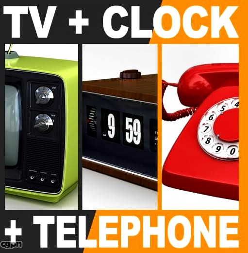 Retro Sytle Television Set Flip Clock and Telephone3d model