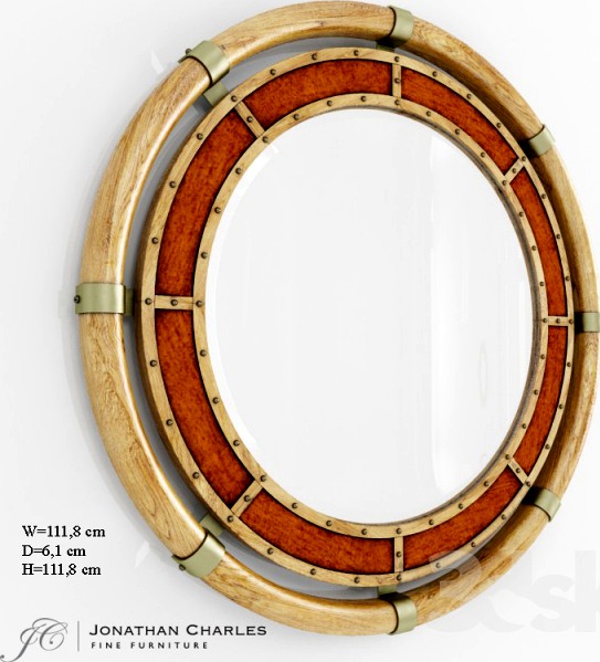 Circular nautical style oak and leather mirror