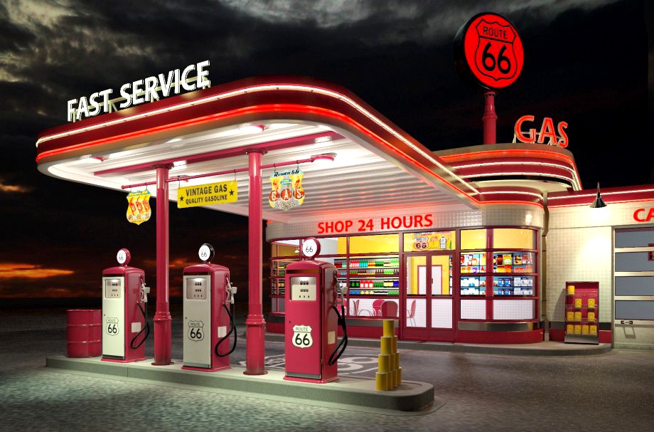 Gas Station Route66 at day and night3d model