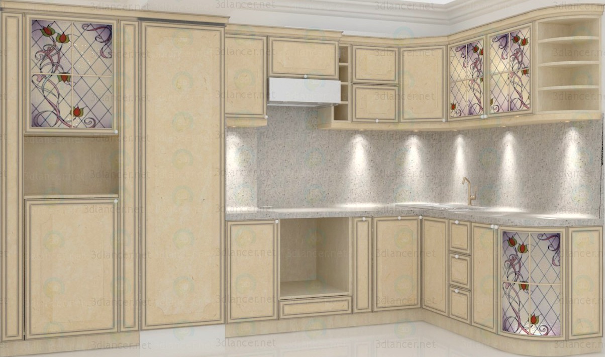 3D Model Classic kitchen, travertine elevations with granite countertops